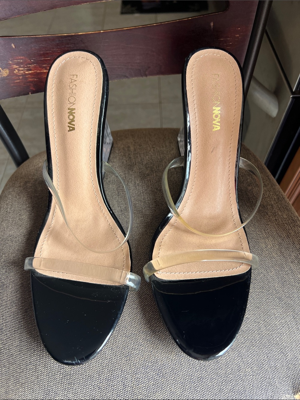 Fashion Nova Black Patent Slide Heels with Clear Straps